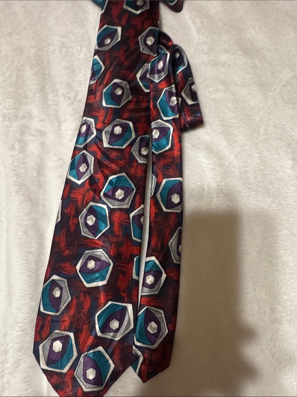 Towncraft Red Tie with Teal and Purple Geometric Motif
